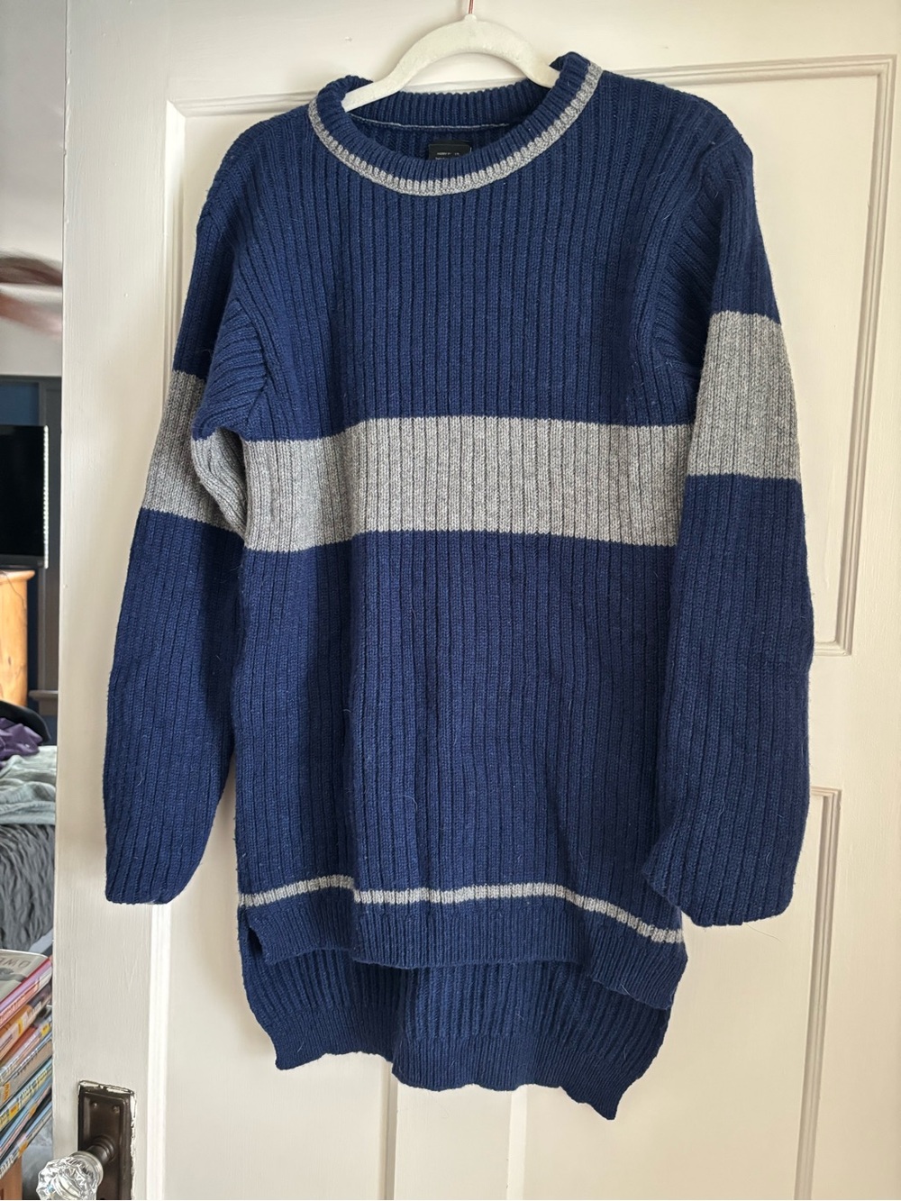 Classic Navy Crewneck Sweater with Gray Stripe